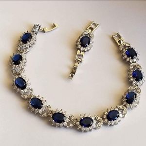 New 925 Silver Oval Cut Blue Sapphire Diamond Flower Bracelet with Exten…